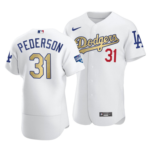 Men's Los Angeles Dodgers #31 Joc Pederson White Gold 2021 World Series Champions Patch Sttiched MLB Jersey